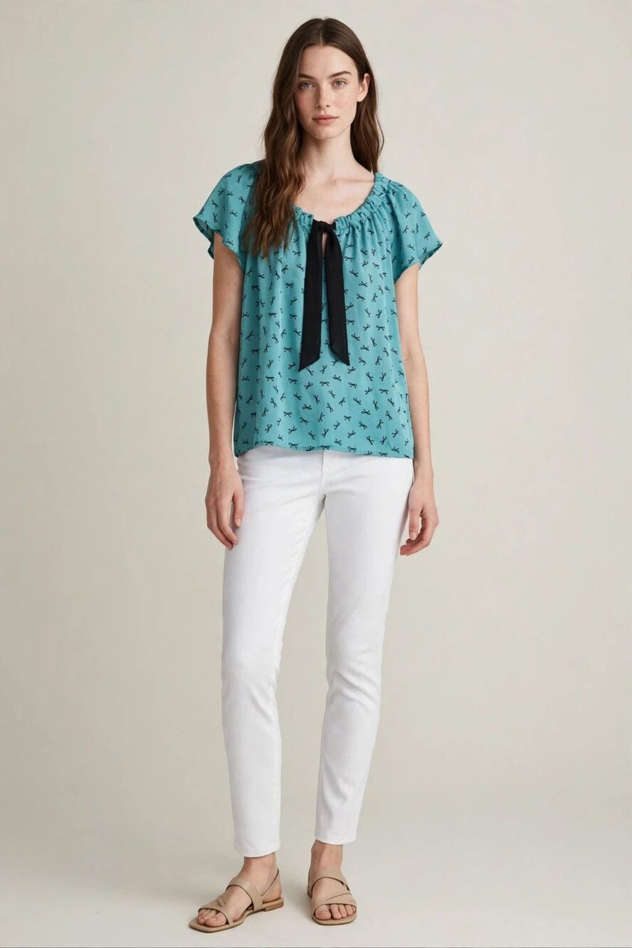 LOFT Womens XS Teal Black Bow Print Short Sleeve Tie Neck Blouse Coquette FLAW